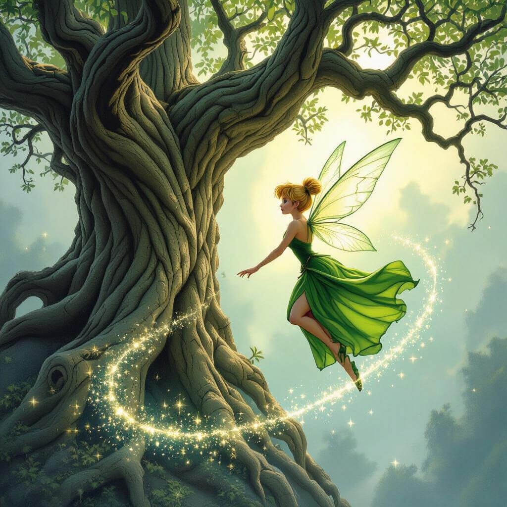 Tinkerbell Flying Around Ancient Tree with Fairy Dust