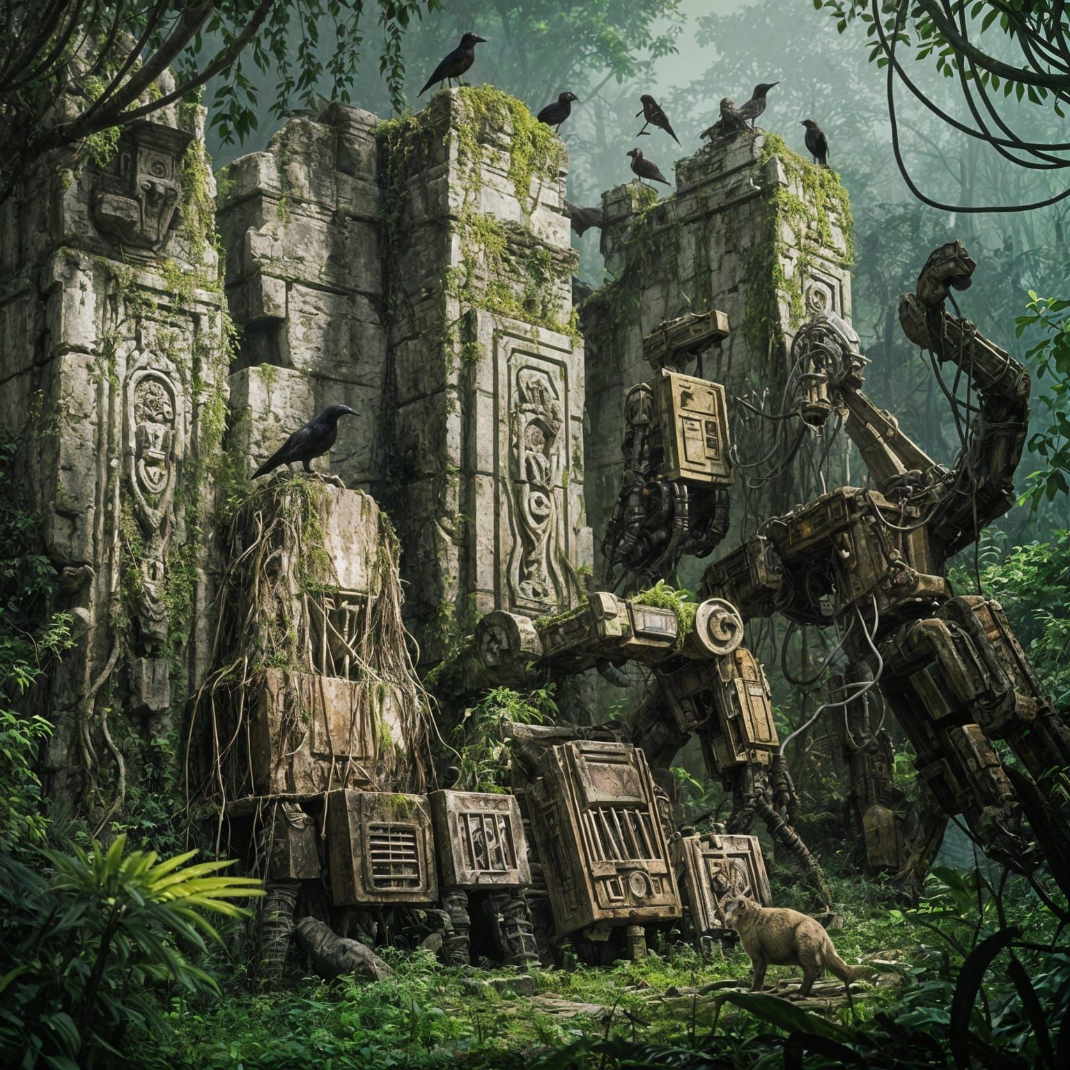 Lush Jungle Ruins with Ancient Technology