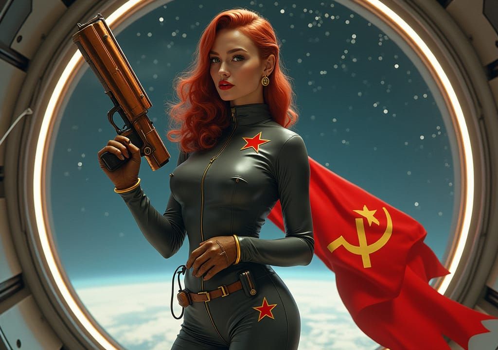 Retro Soviet Sci-Fi Pin-Up in Space Station