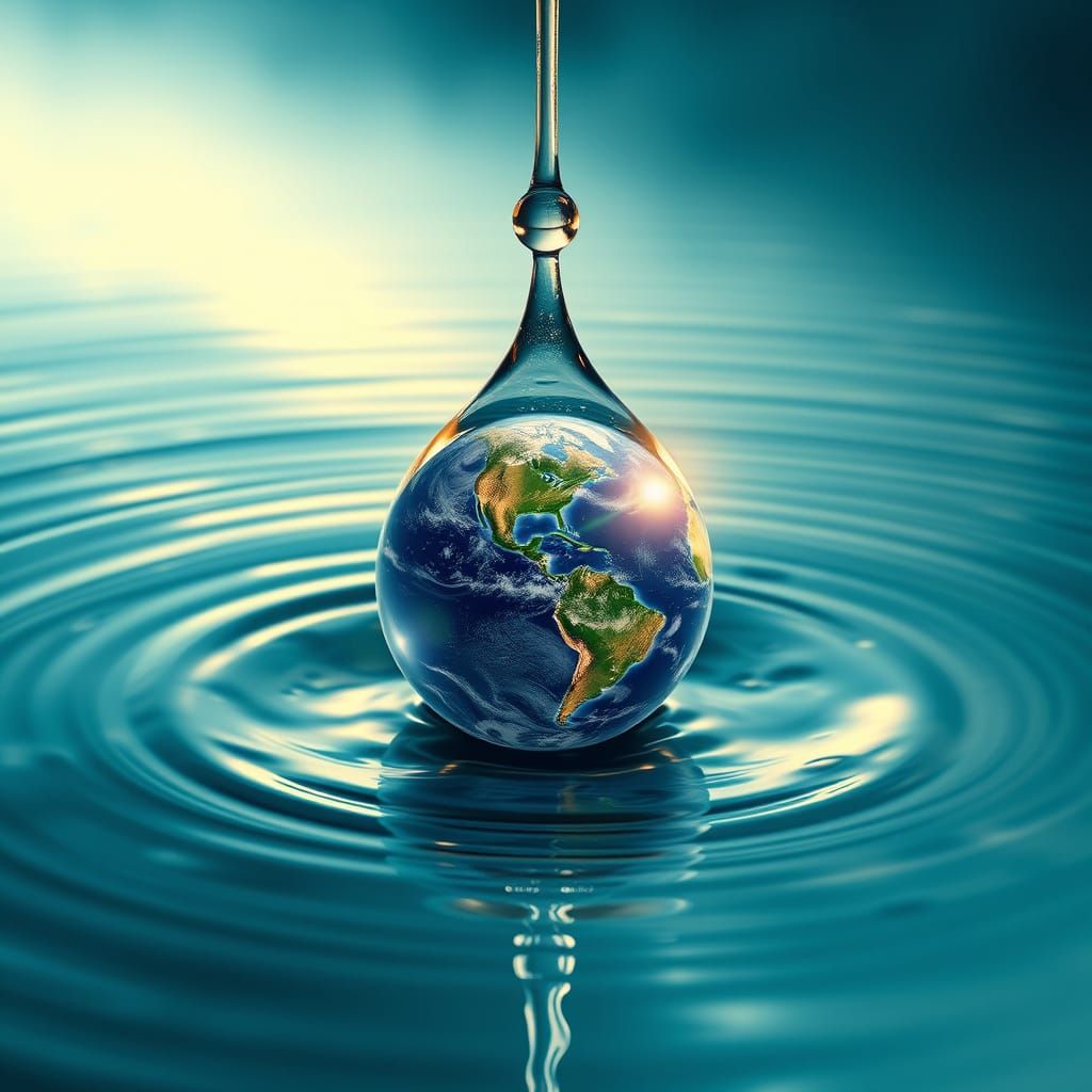 Ethereal World Globe Emerges from Falling Water Droplet