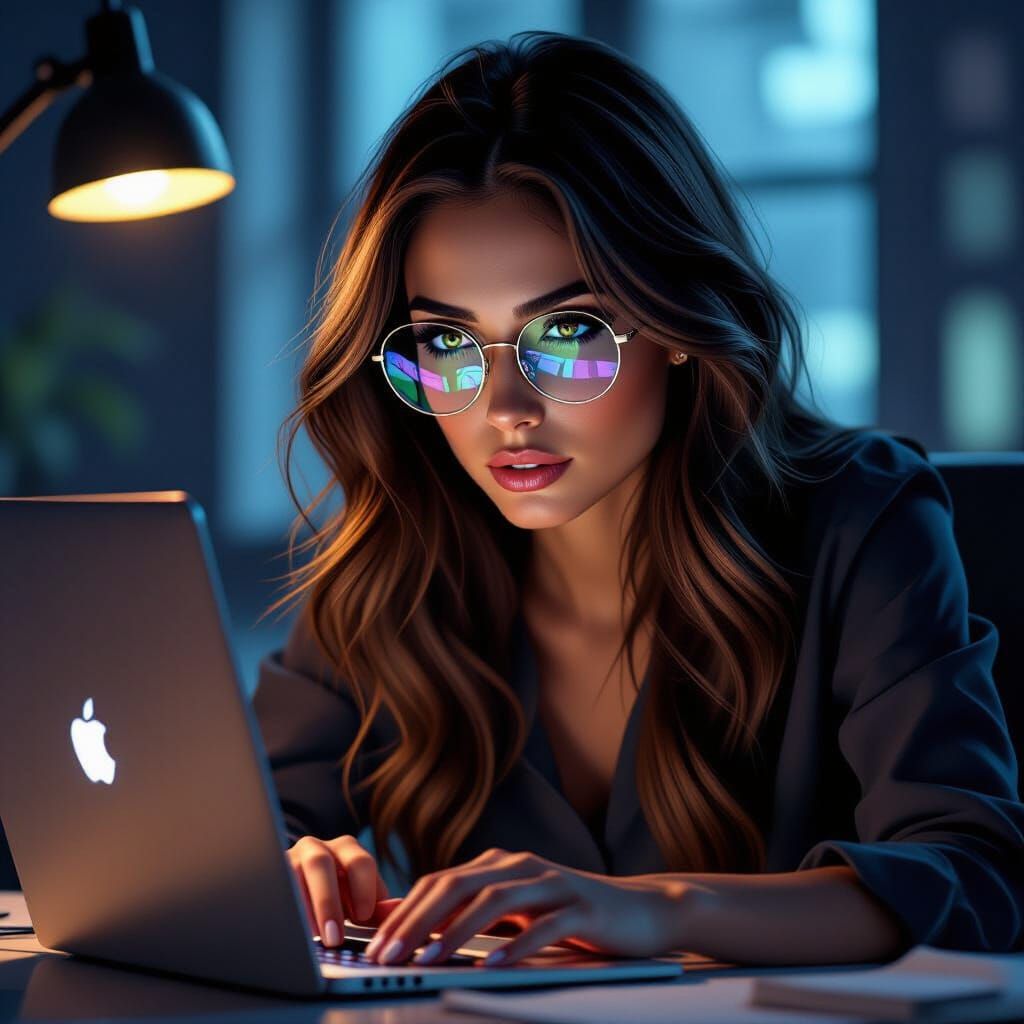 Beautiful Brunette Cryptographer Focused on Laptop Screen