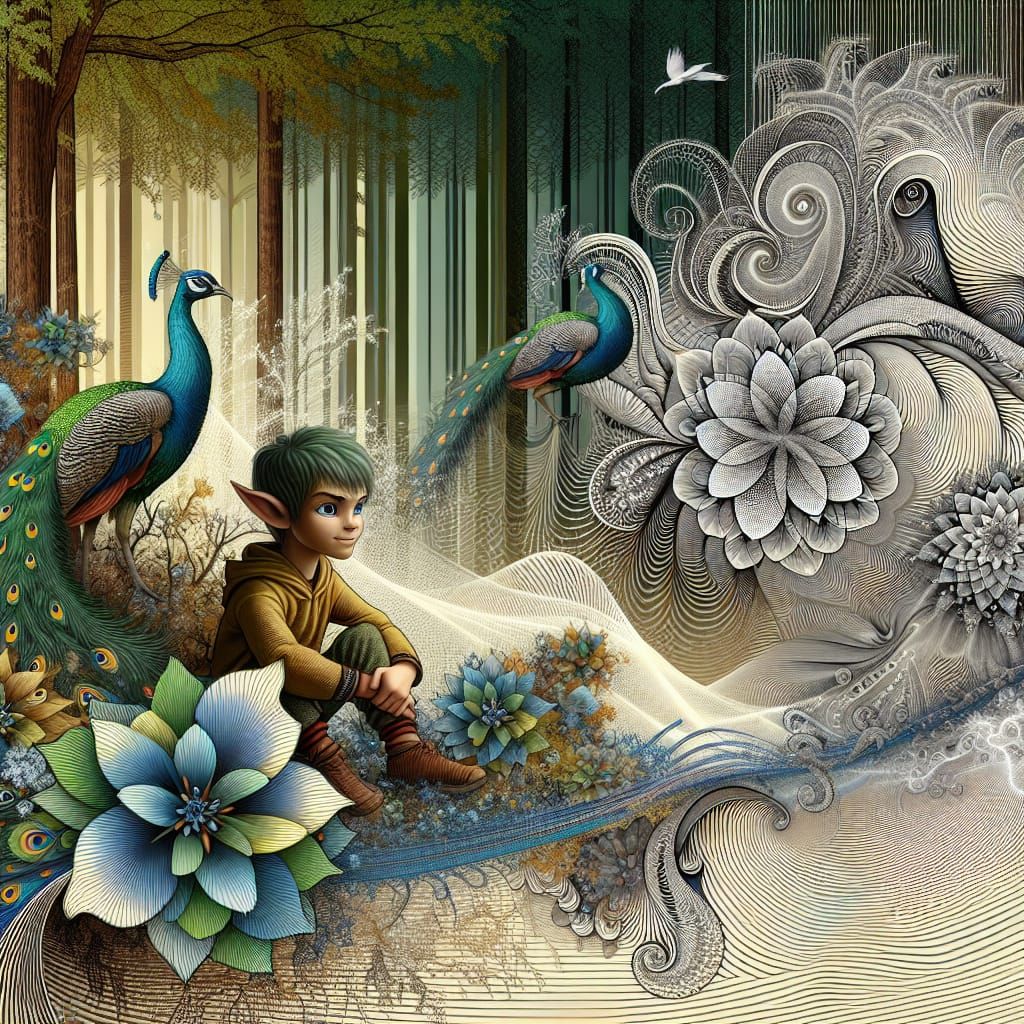 an Elvin child, woods, peacocks, filigree  flowers abstract vector fractal, wave function, Zentangle, 3d shading