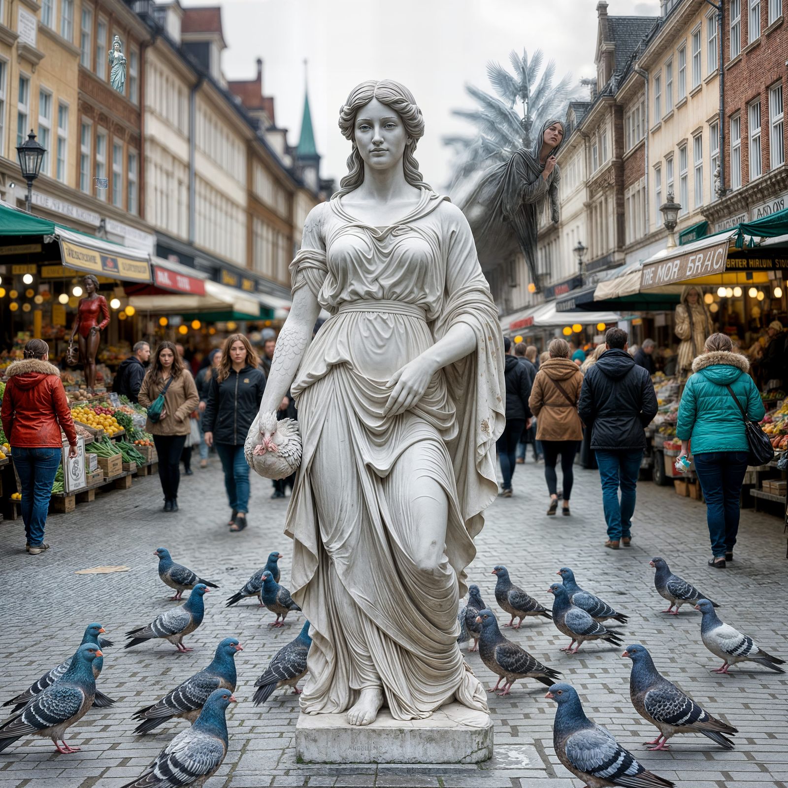 Woman Statue in Market Square Amidst Pigeons