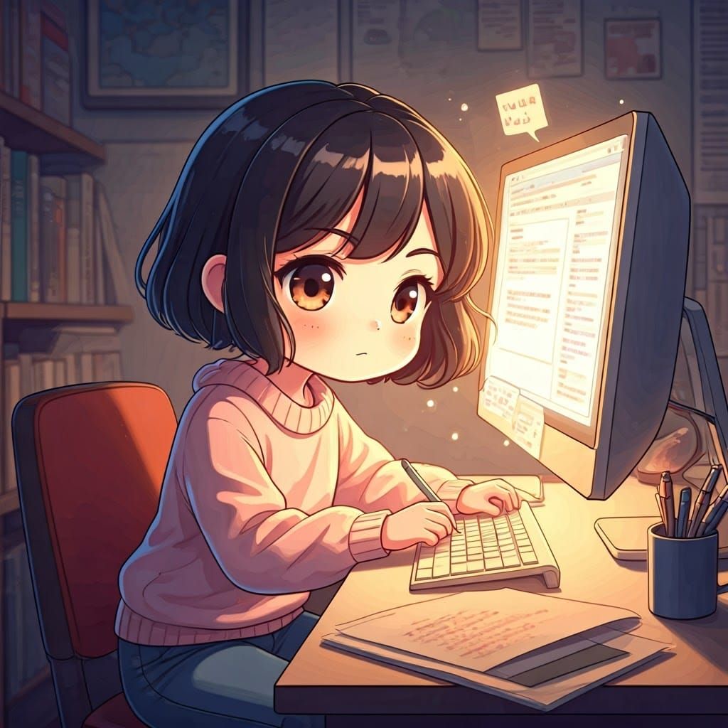 Vibrant Anime Girl Writes in a Cozy Nighttime Scene