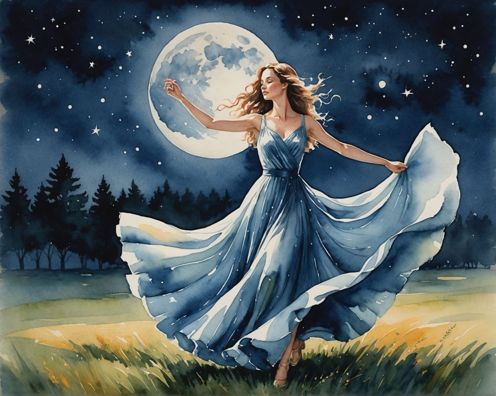 Woman Dancing in Moonlight, Watercolor Painting