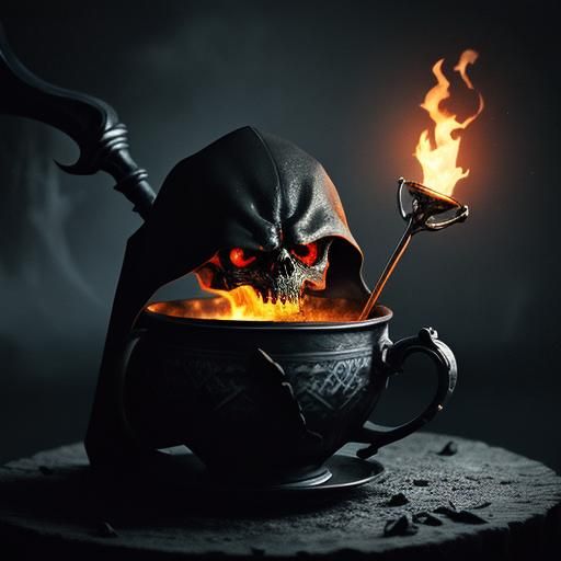 Marshmallow Grim Reaper in Teacup: A Surreal Scene