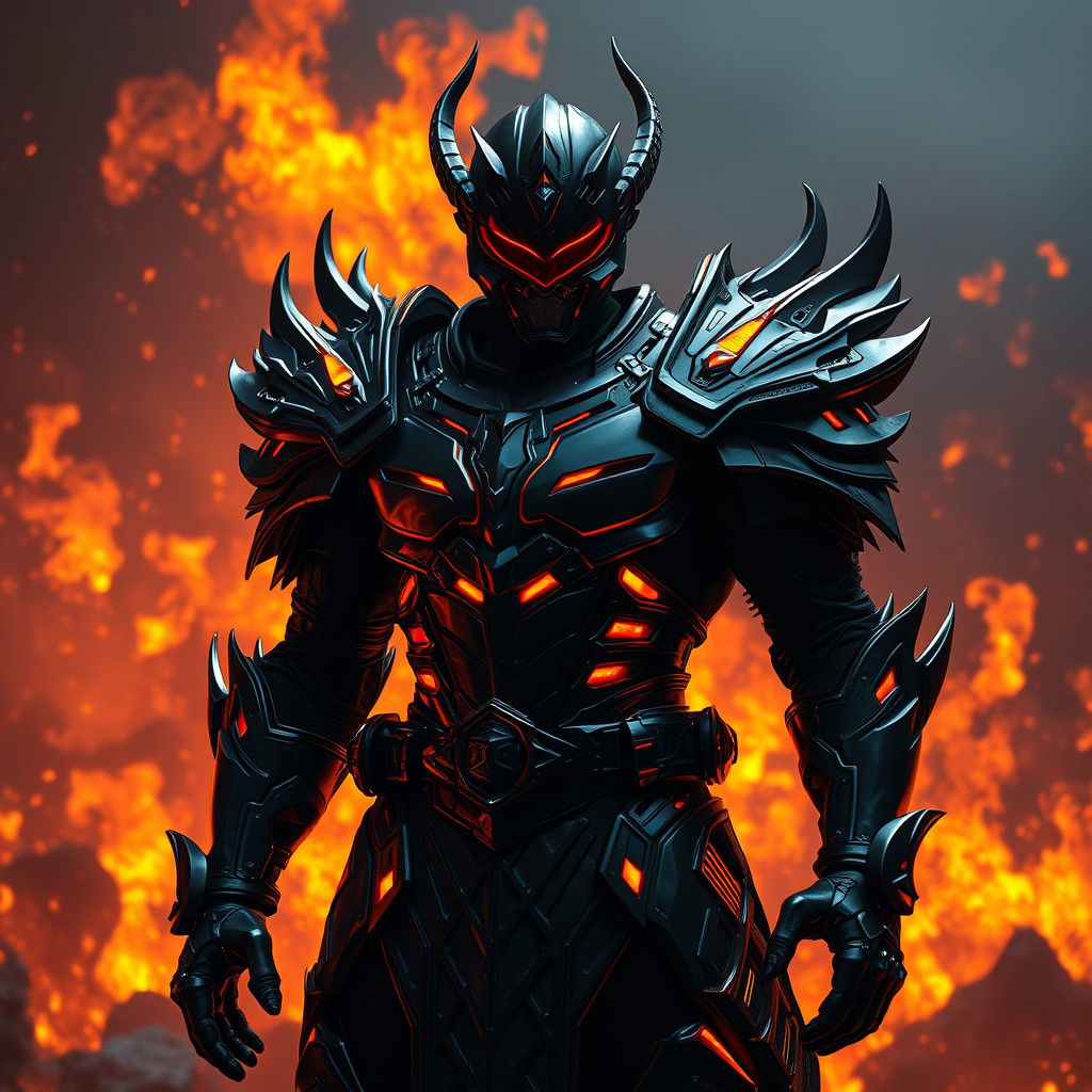 Power Ranger Surtr in Black Armor Amid Hellfire