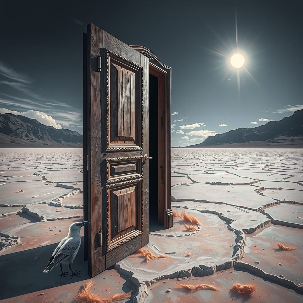 Surreal Doorway in Salt Desert, Hyperrealistic Style