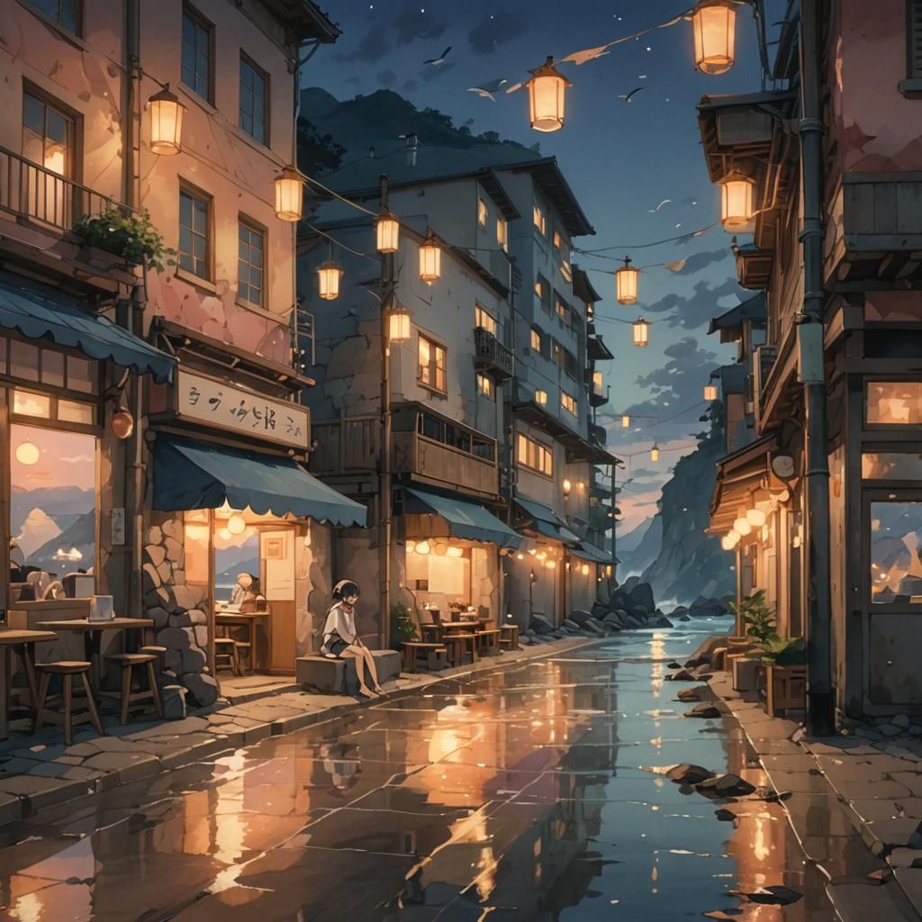 Peaceful Anime Character at Sunset on Rocky Beach