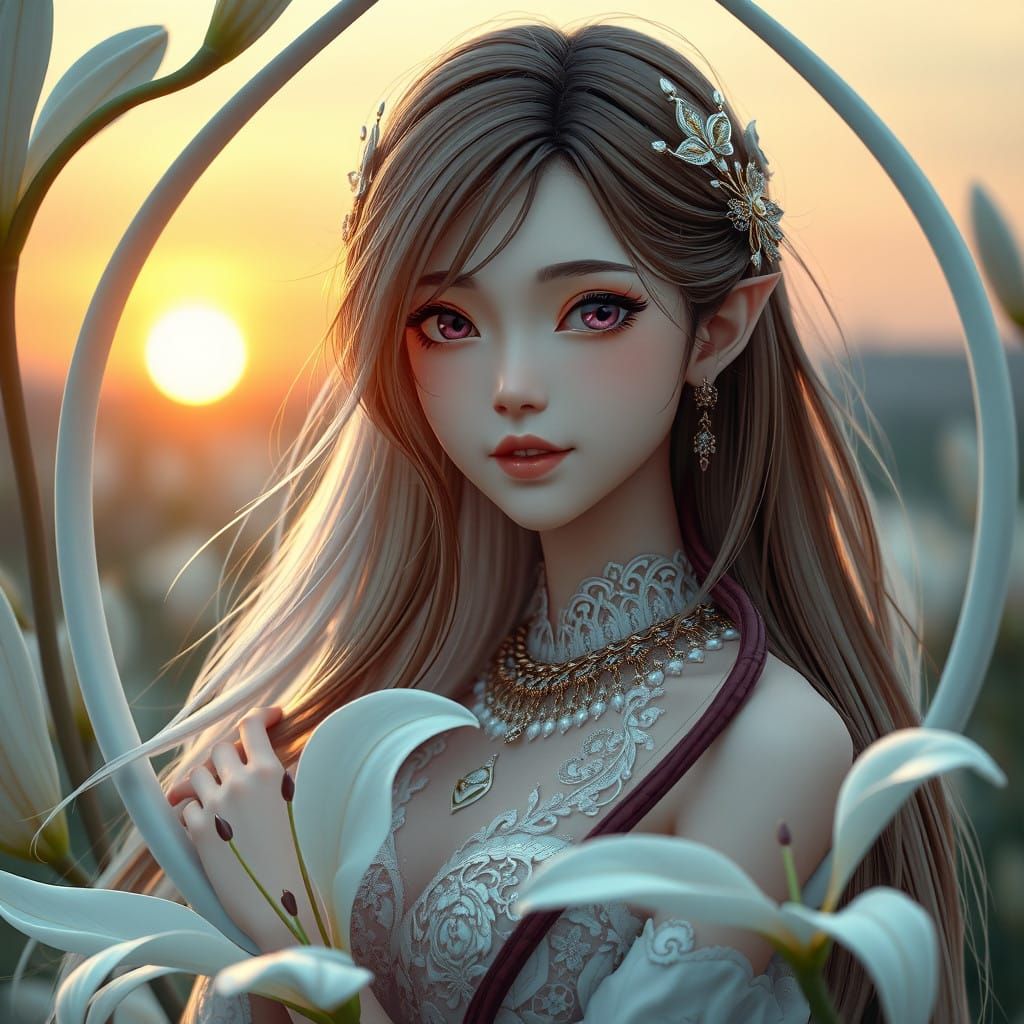 Dreamy Anime Goddess Amidst Sunset Bloom