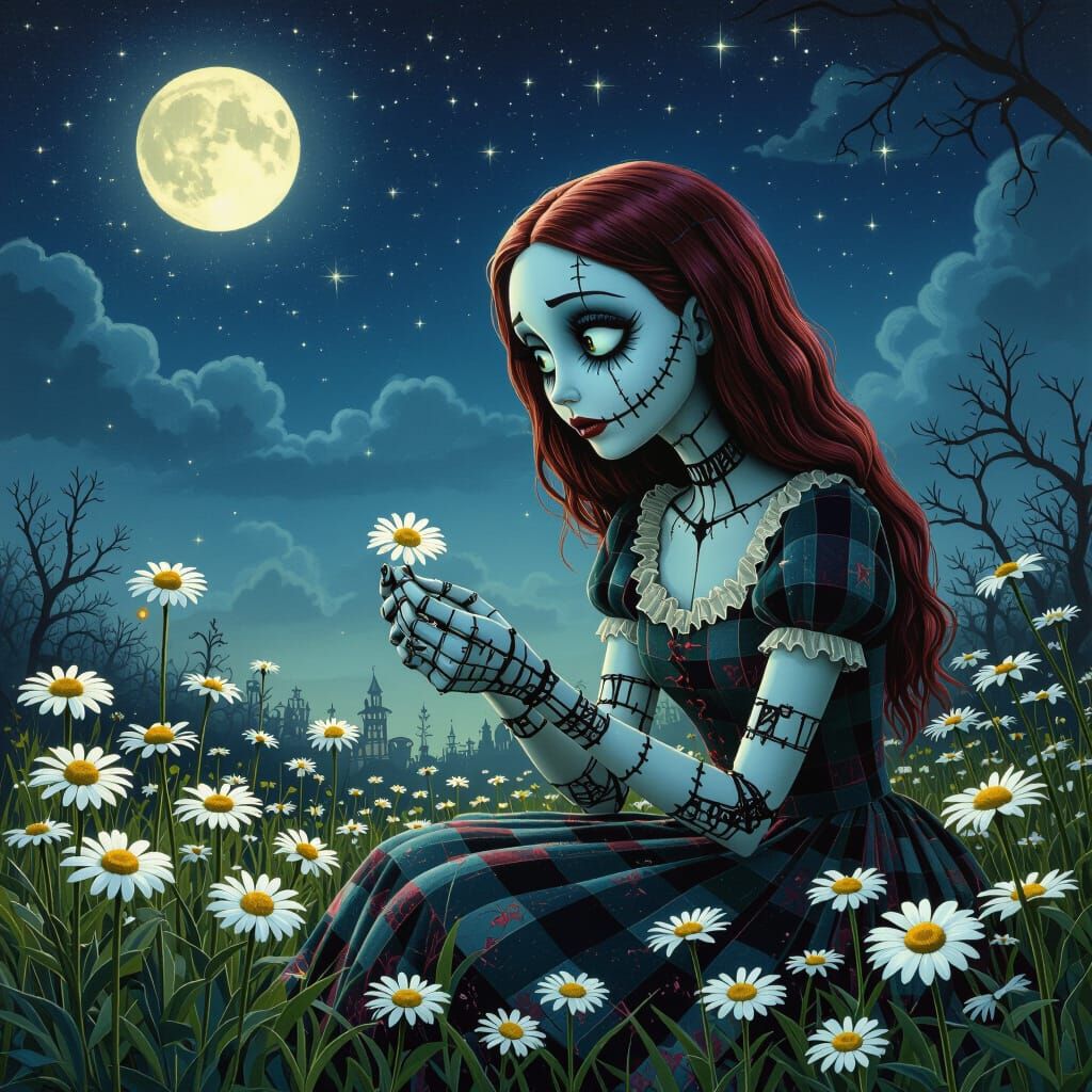 Sally Plucking Daisy Petals in Moonlit Gothic Scene