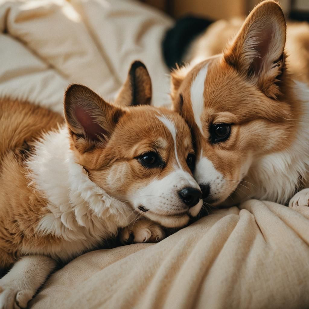 Kitten and Corgi Snuggle in Golden Hour Light