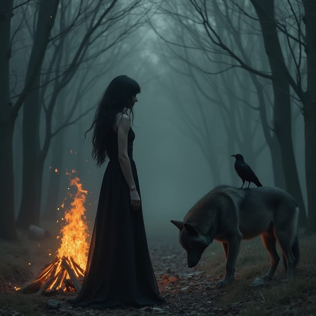 Mystical Woman, Wolf, and Raven in Misty Forest