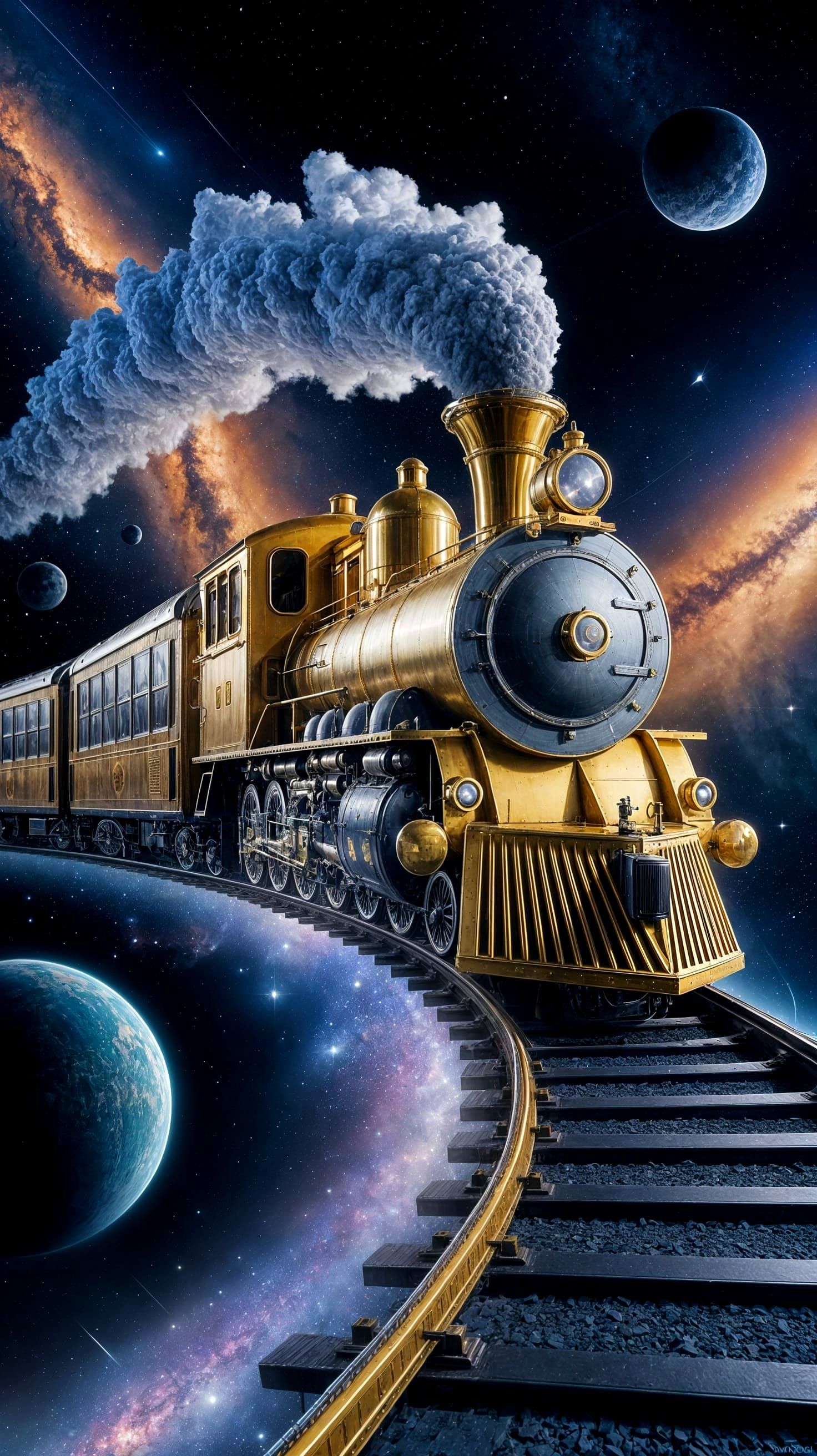 Majestic Golden Locomotive Glides Through Cosmic Depths