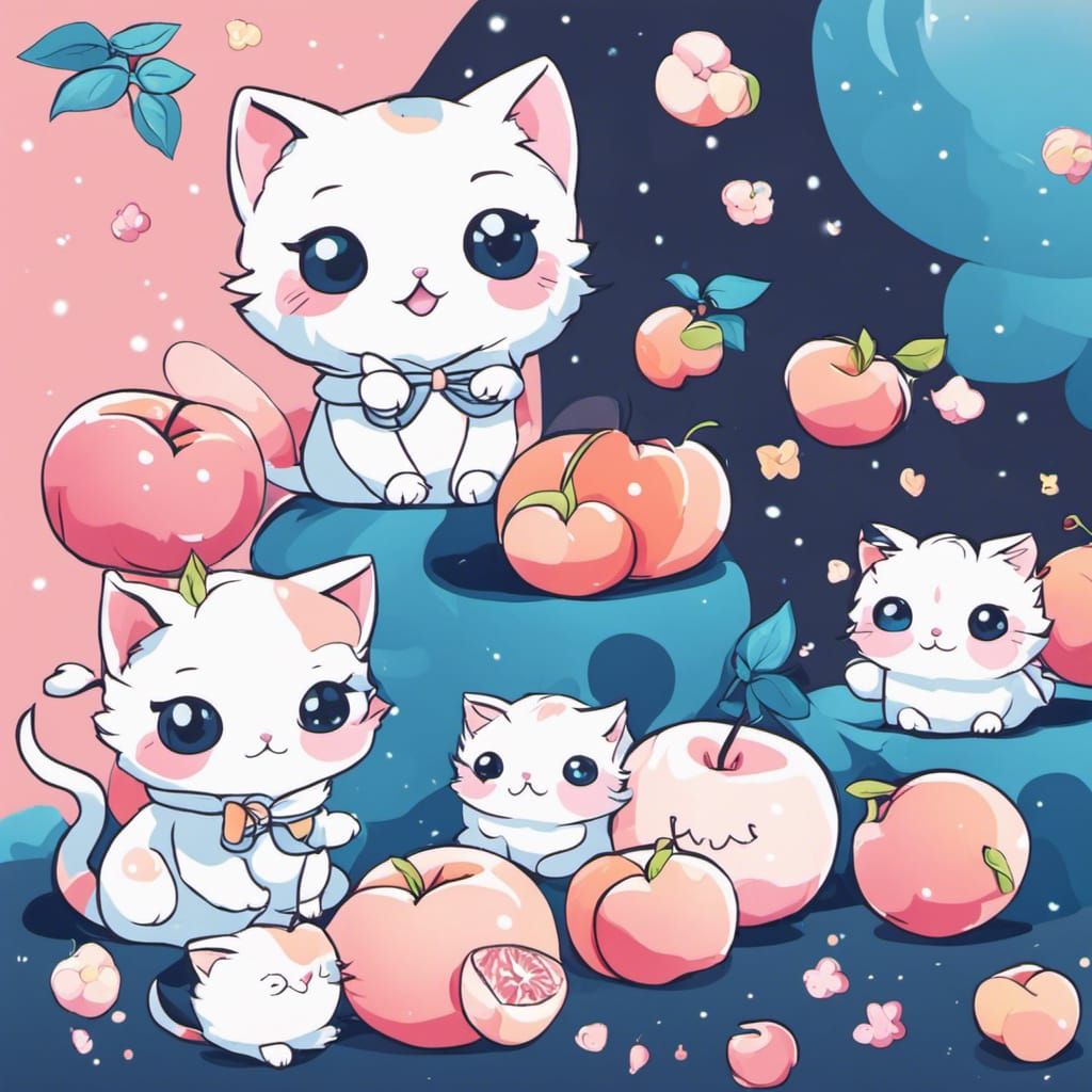 Anime Kitten Surrounded by Cartoon Peaches