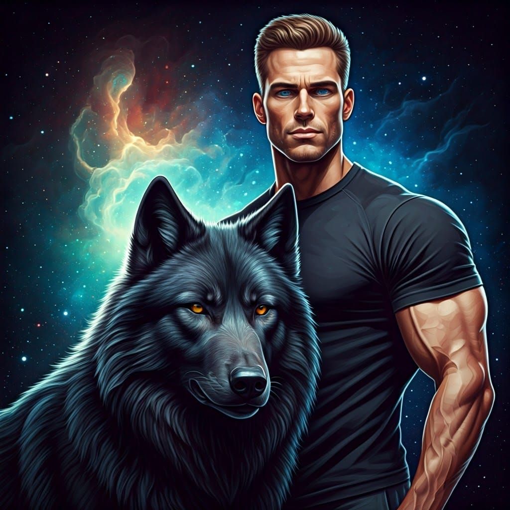 Muscular Man and Wolf Dog in Cosmic Art