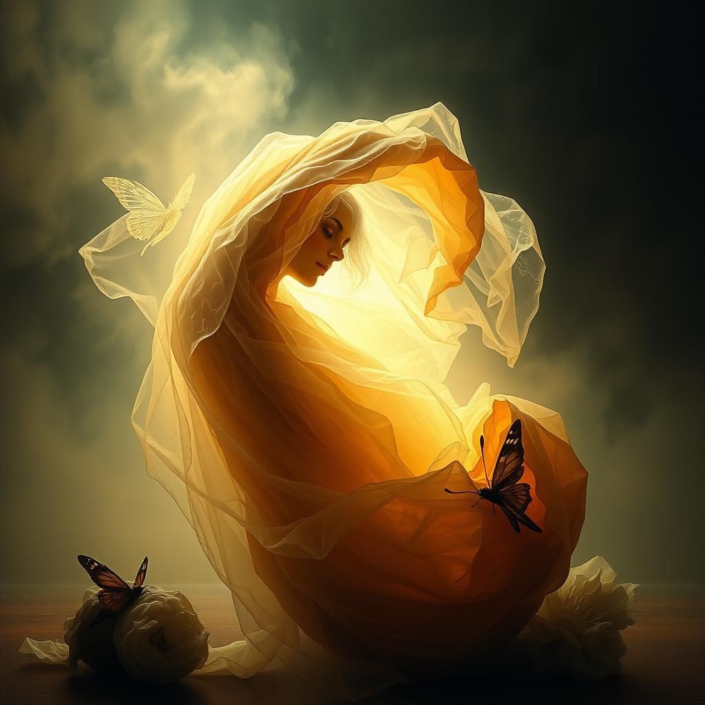 Ethereal Figure Emerges from Cocoon in Dreamscape