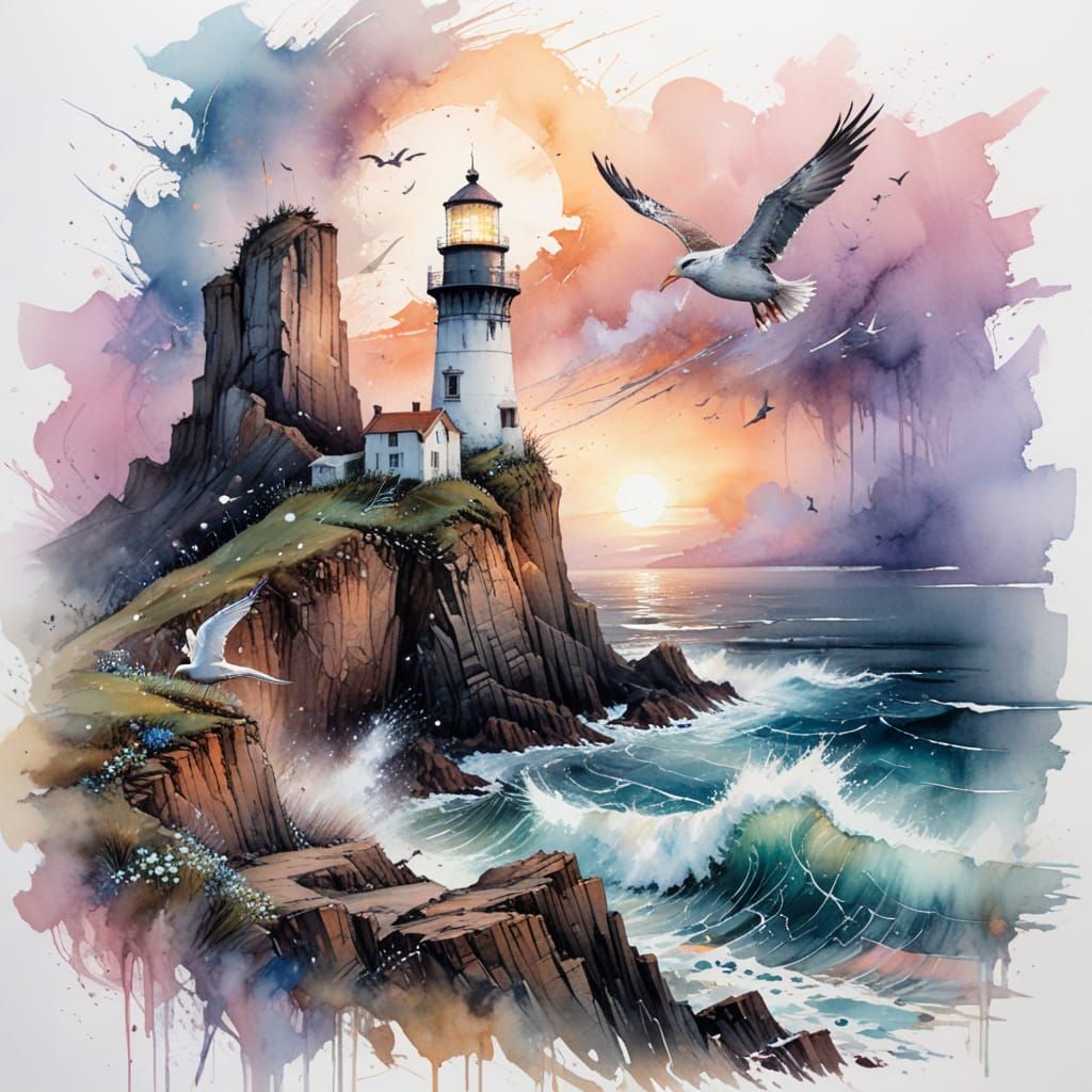 Ethereal Coastal Lighthouse Scene in Watercolour Style