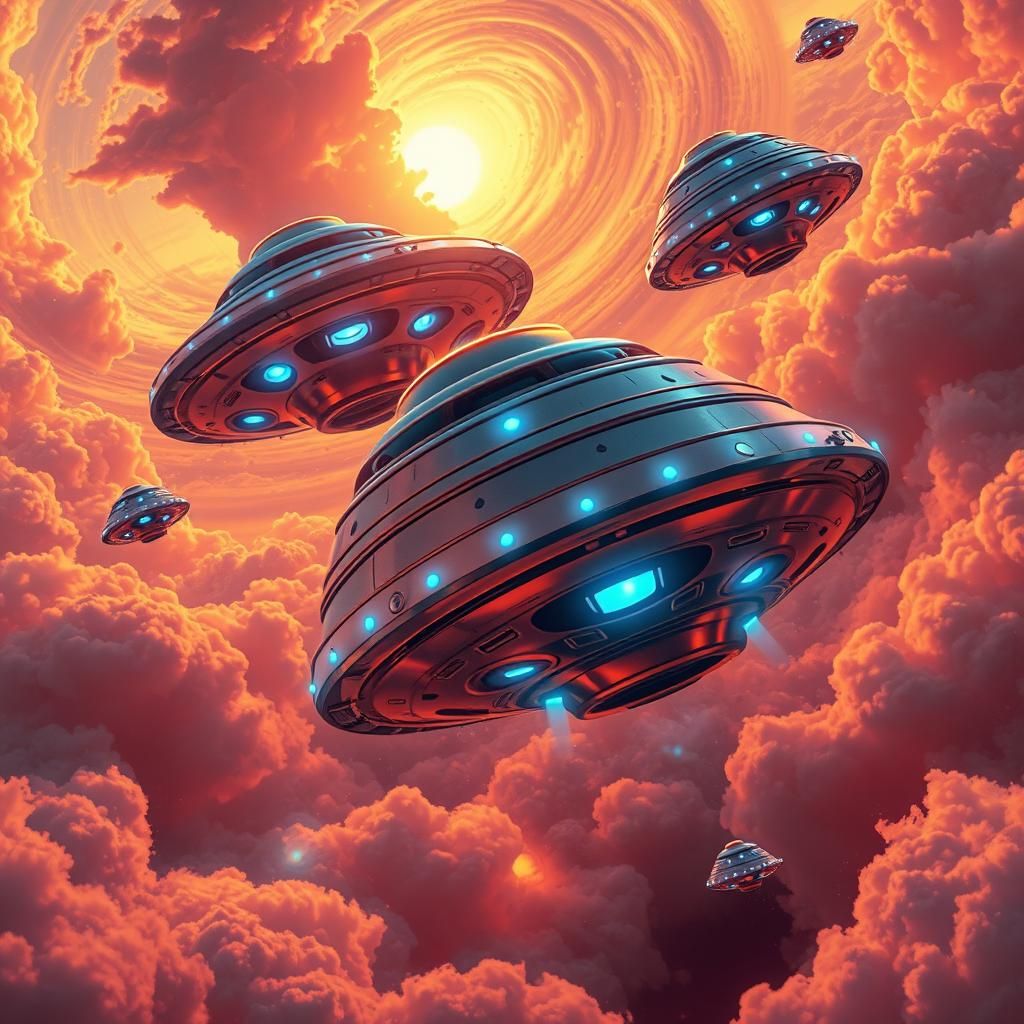 UFOs Clash in Ethereal Sunset Vortex