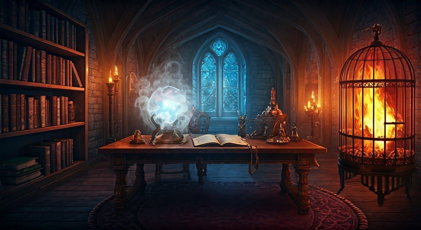 Enchanted Wizard Chamber with Glowing Tomes and Magical Orbs