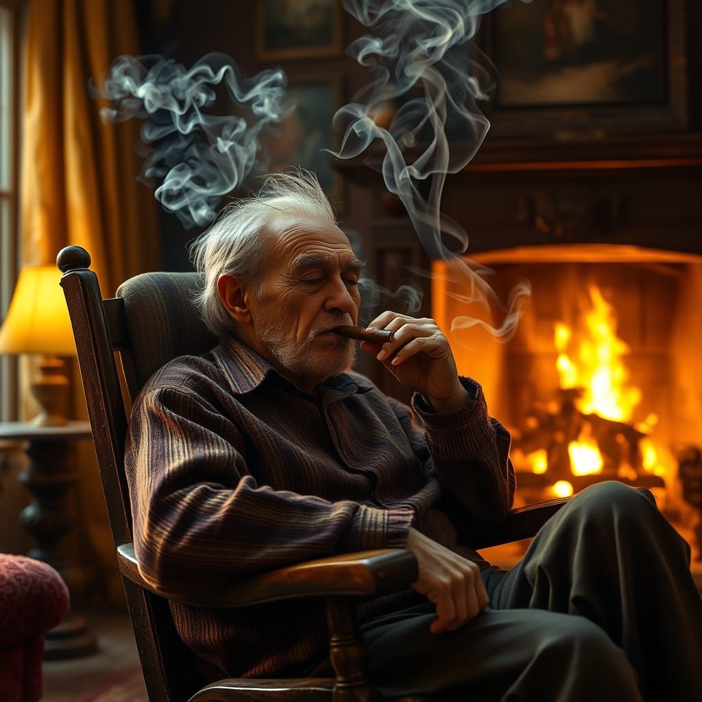 Elderly Man Lost in Thought by Flickering Fireplace