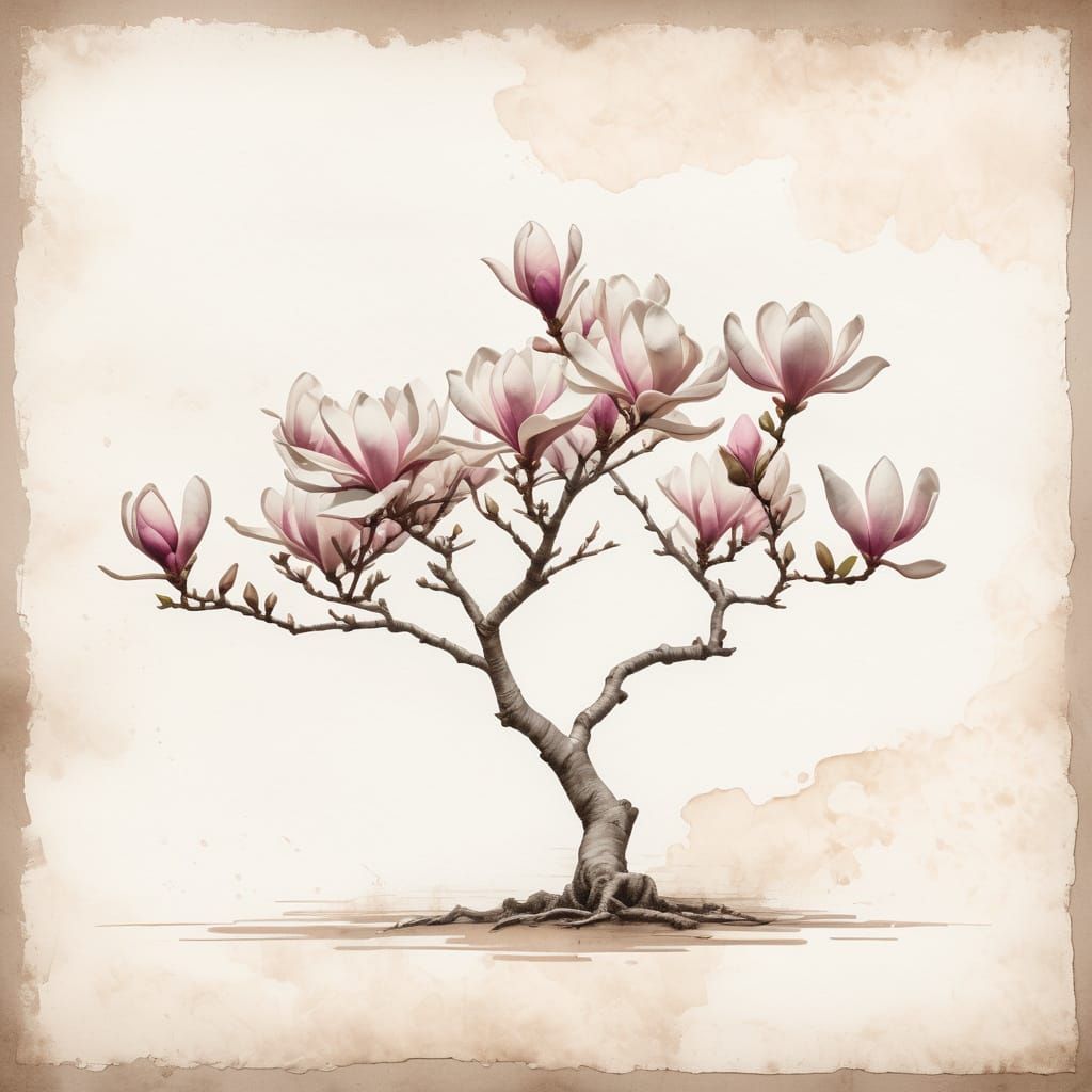 Surreal Minimalist Masterpiece with Blooming Magnolia