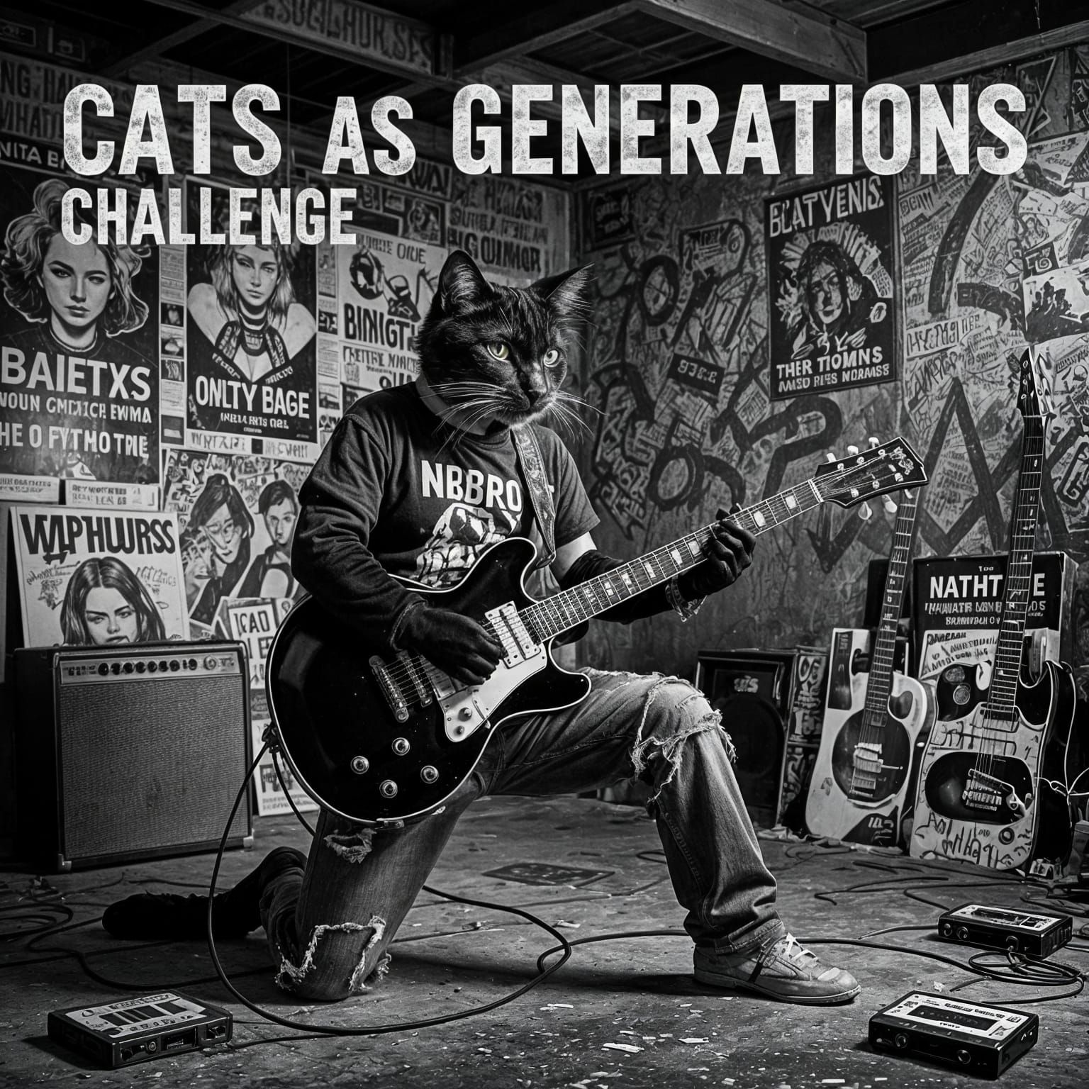Grungy Black Cat Strums Guitar in Gritty Photograph Style