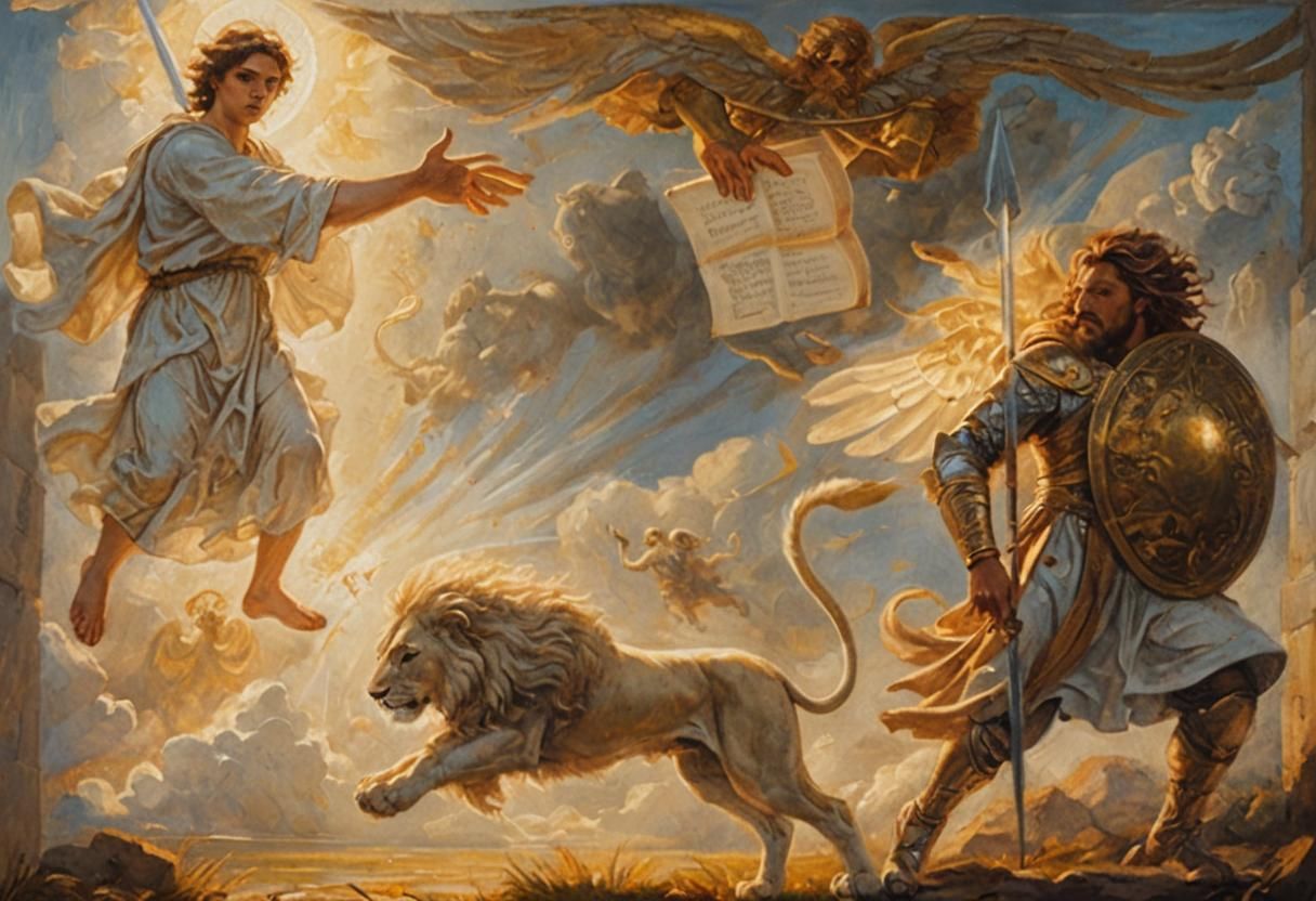Angels, a Book, and a Lion in Baroque Style