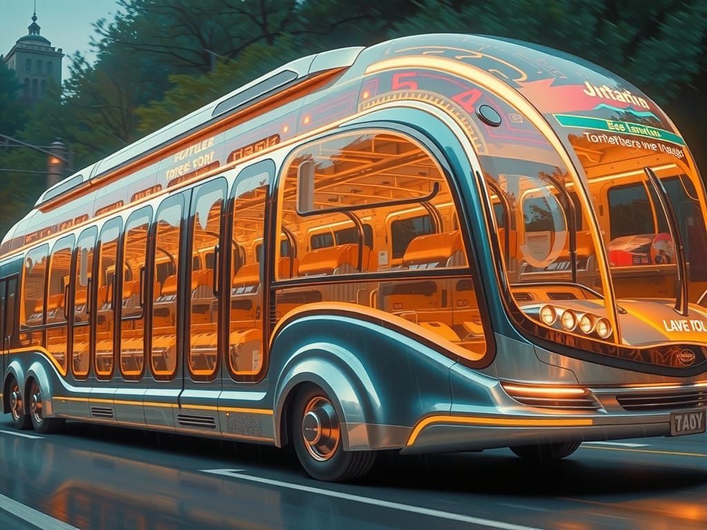 Futuristic Bullet-Shaped Bus Speeds Down City Street