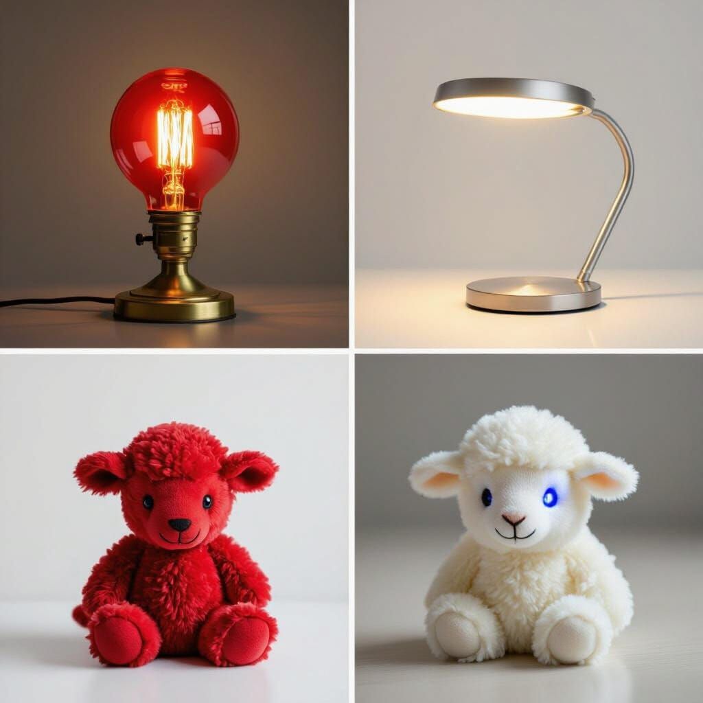 Four Photorealistic Images: Lamps and Lambs in Studio Light