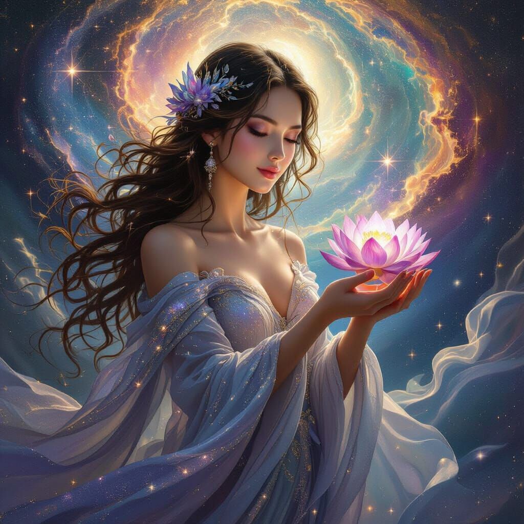 Celestial Goddess of Cosmic Balance in Surreal Style