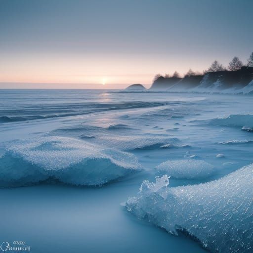 Icy Winter Beach Scene in Surreal Style