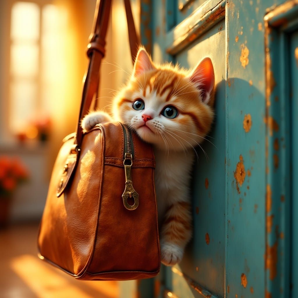Whimsical Kitten Hides in Handbag on Doorknob