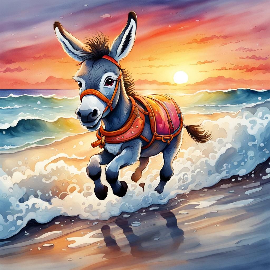 Little donkey dashing through the waves