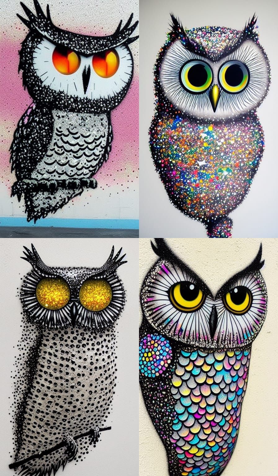Colorful Glitter Owl Street Art on Boat