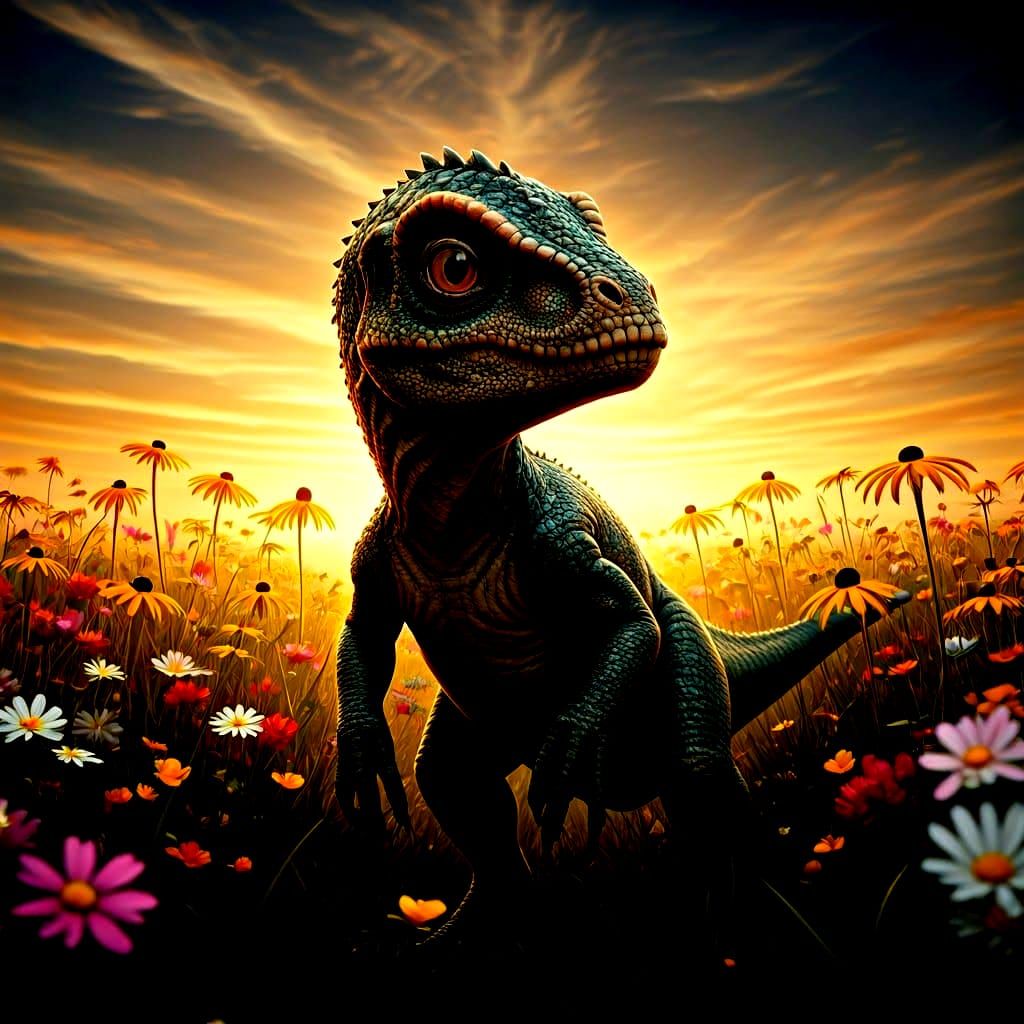 Hyperdetailed Baby Dinosaur Basks in a Vibrant Sunset Meadow