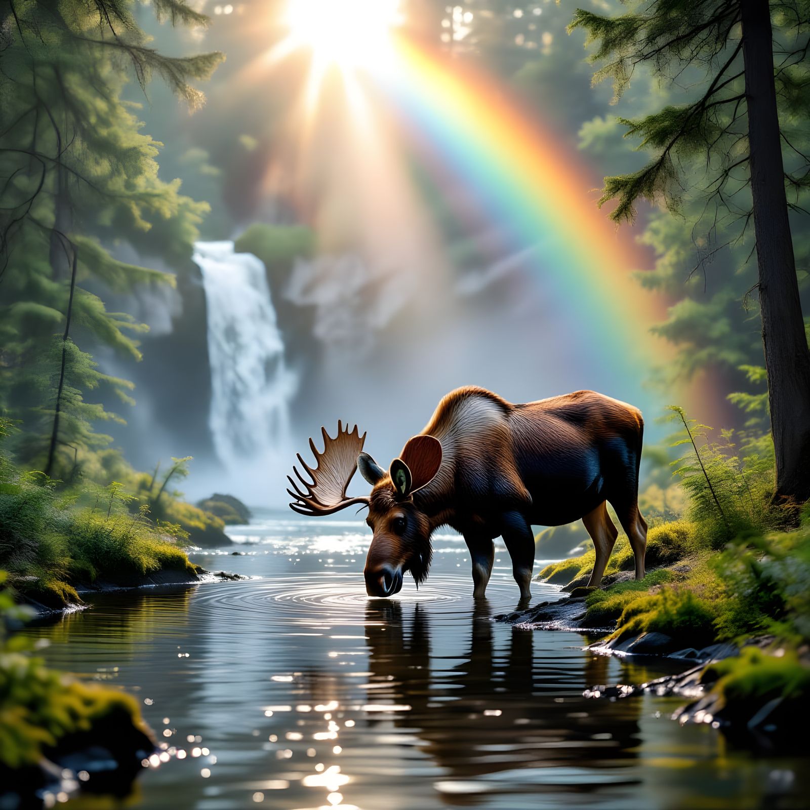 Rainbow Moose Portrait in Misty Woods