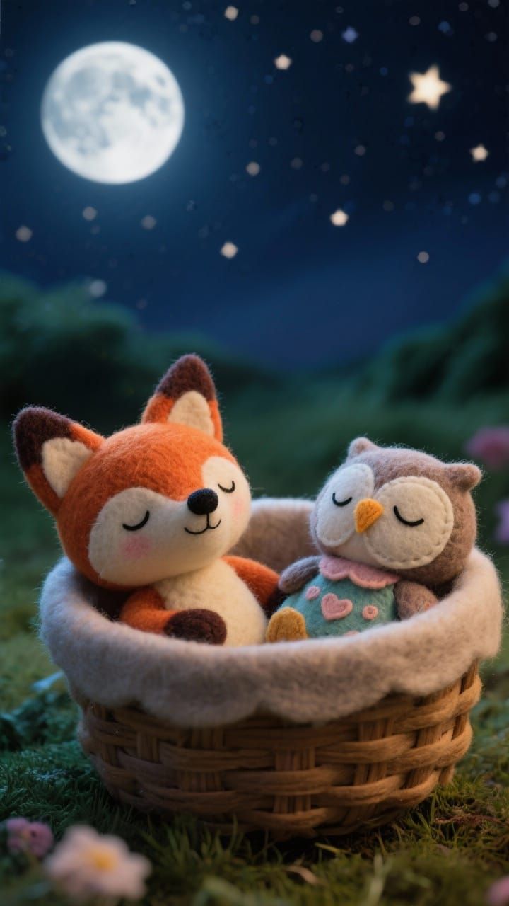 Cute Felt Animals Sleep in Cozy Basket Under Moonlit Sky