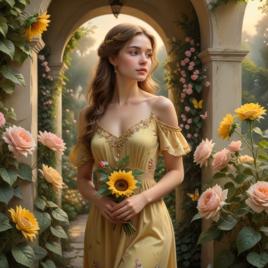 Ethereal Beauty: Woman with Sunflowers in Classical Art Styl...
