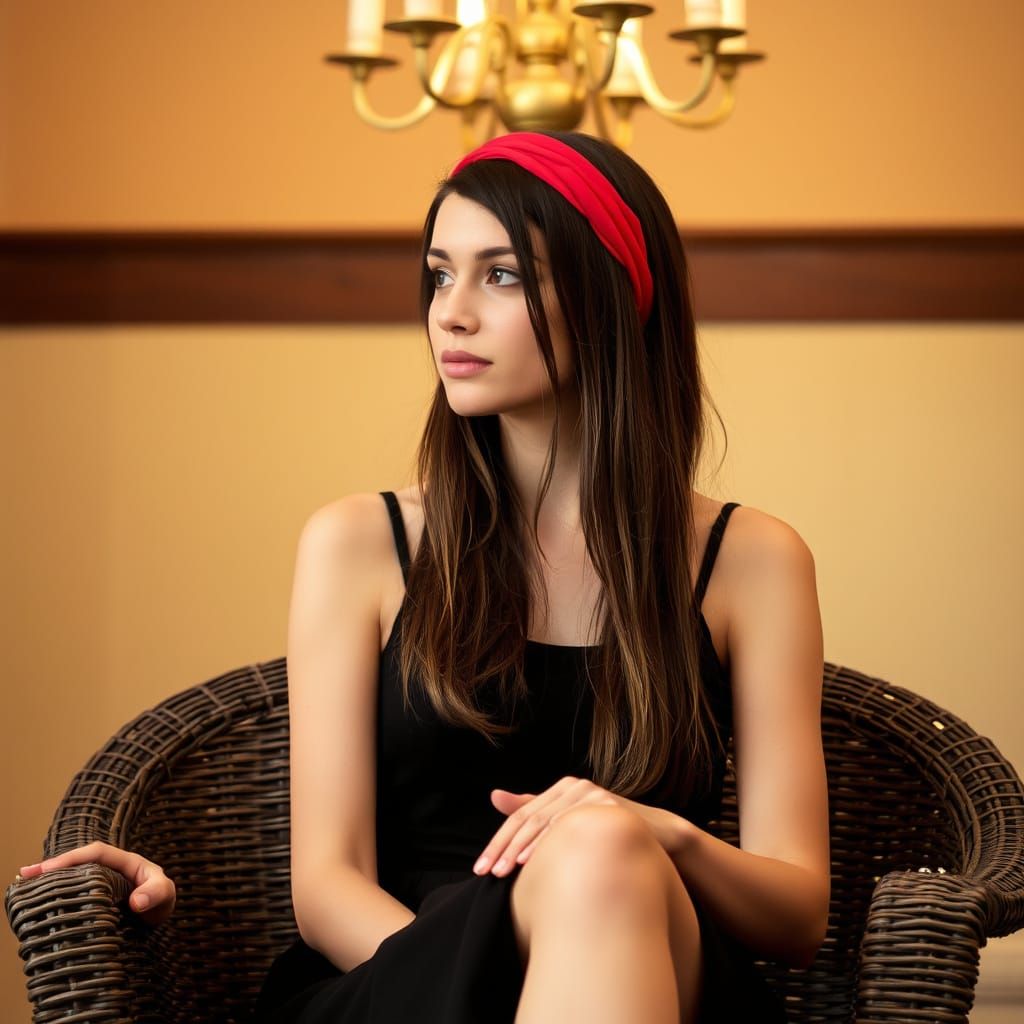Portrait of Woman in Black Dress with Chandelier