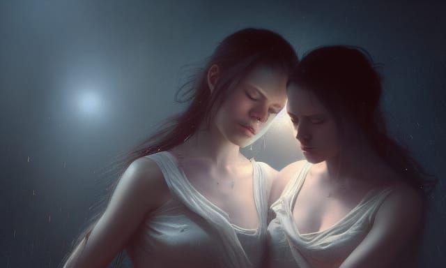 Two Women Embrace in Dark Fantasy Painting