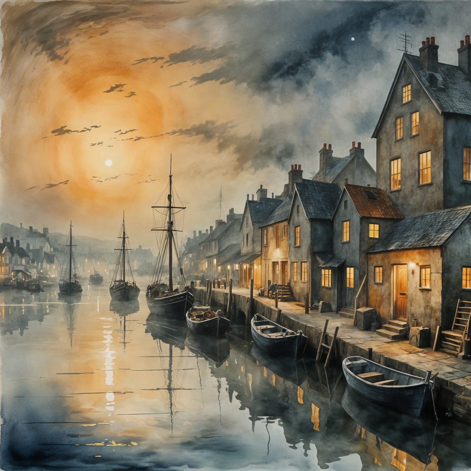 Moonlit Fishing Village in Watercolour Style