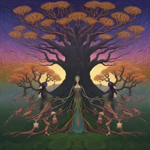 Fractal Tree of Fused Maidens in Dark Fantasy Art