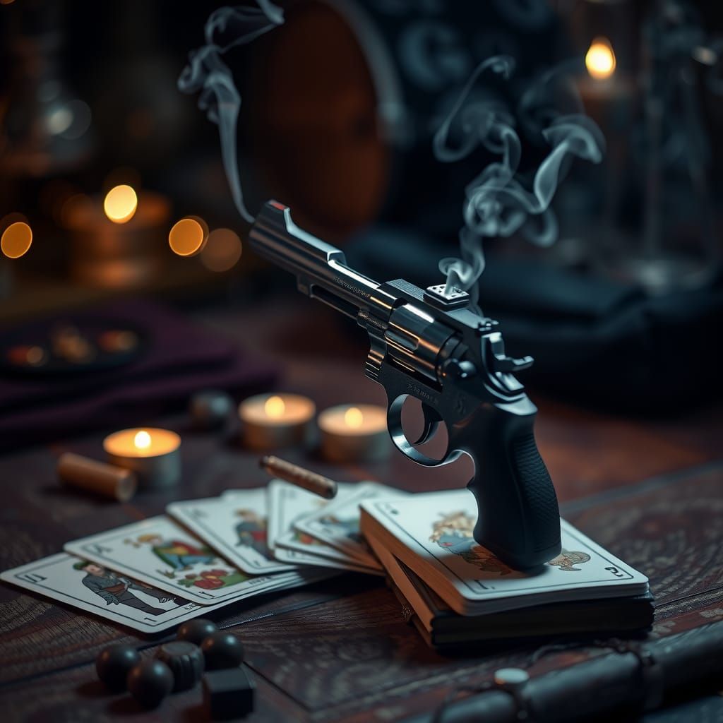 Fantasy Tarot Cards, Pistol and Cigar Smoke