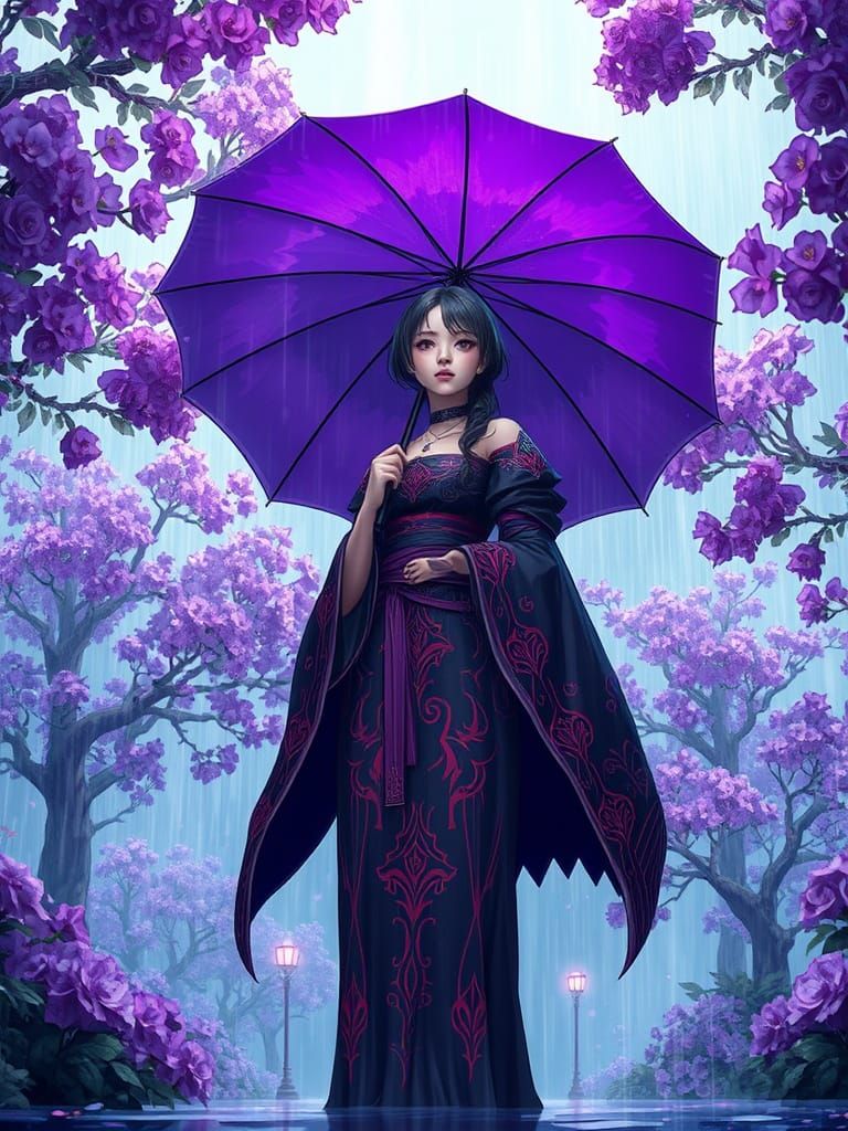 Elegant Fantasy Maiden in a Rainy Paradise