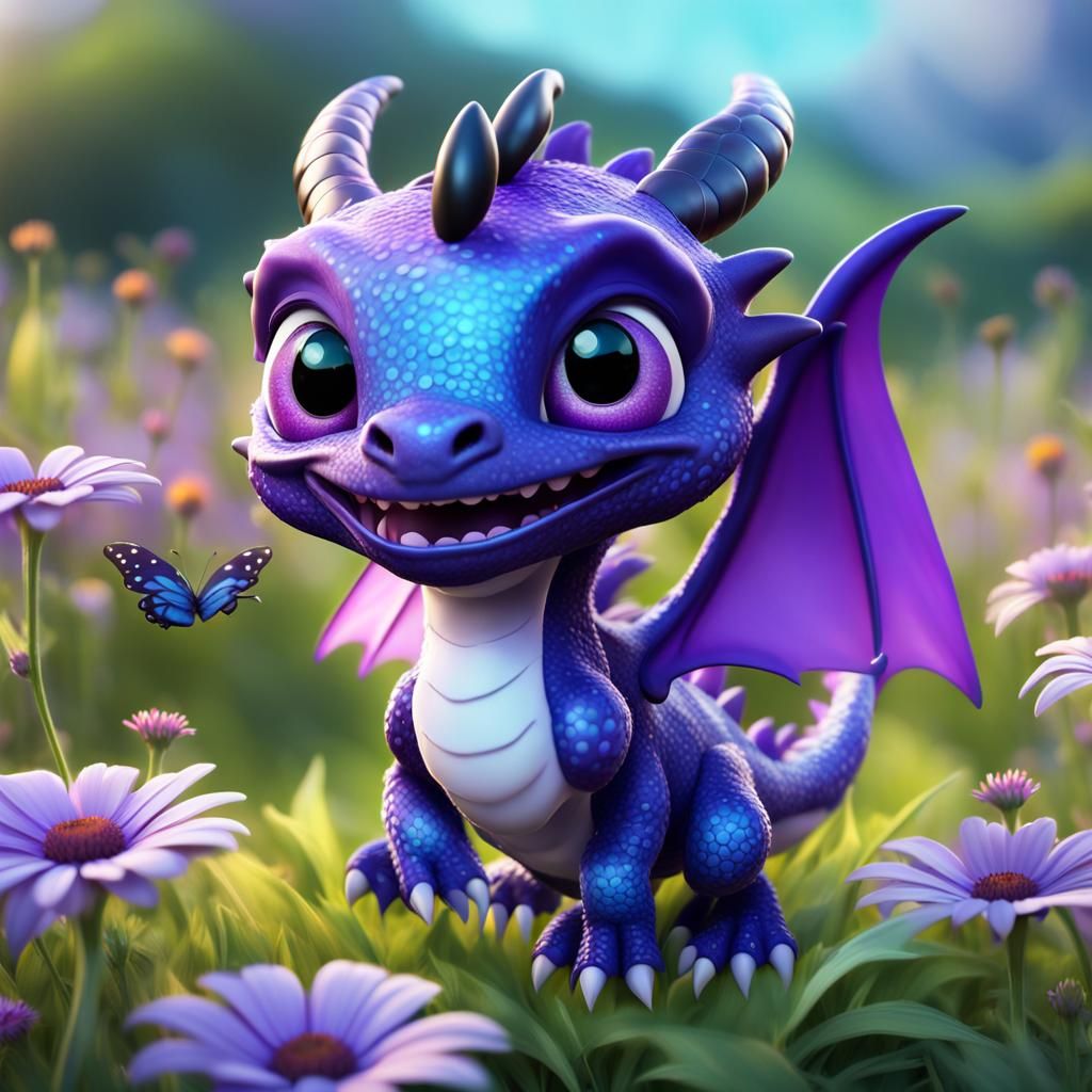Cartoon Baby Dragon Chasing Butterflies: 3D Digital Art