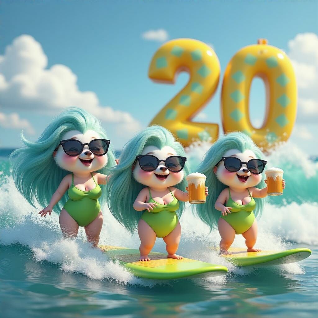 3d Pixar style, Three chubby FEMALE humanoid white baby skunks, their fur contrasted by EXTREMELY LONG FLOWING BRIGHT SL...