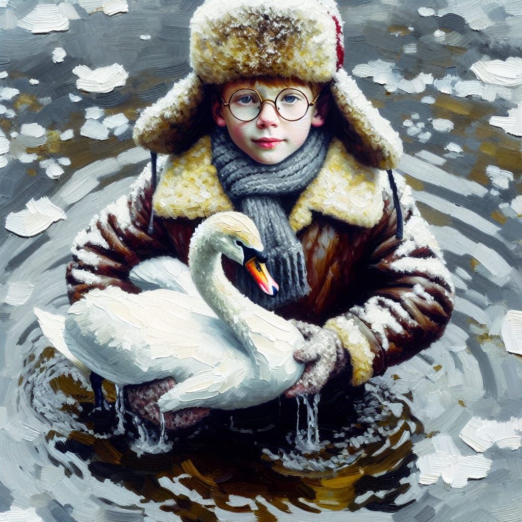 Boy Wearing Furry Hat Walks Through Snowy Puddles with Rescu...