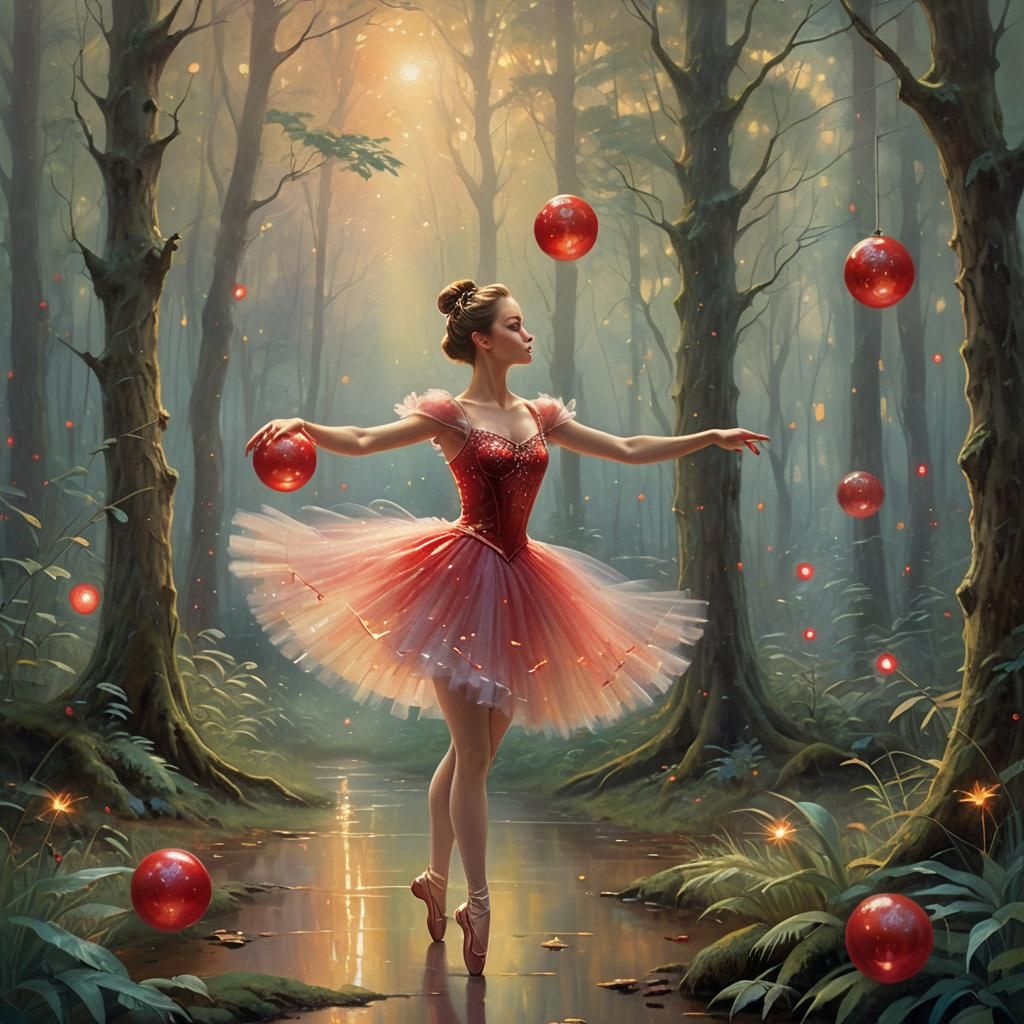 Ballerina in Dreamy Forest, Kinkade-Inspired Oil Painting