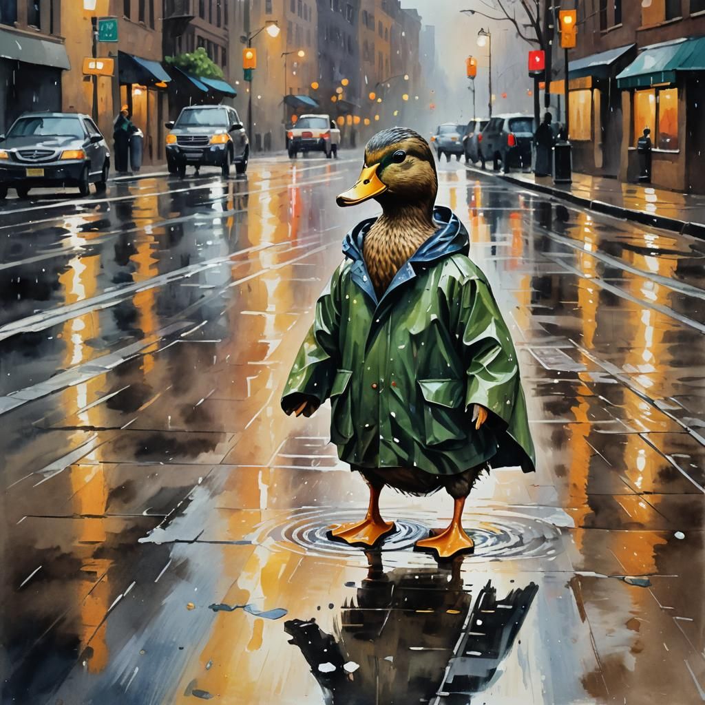 Duck in Raincoat: Gouache Watercolor Masterpiece